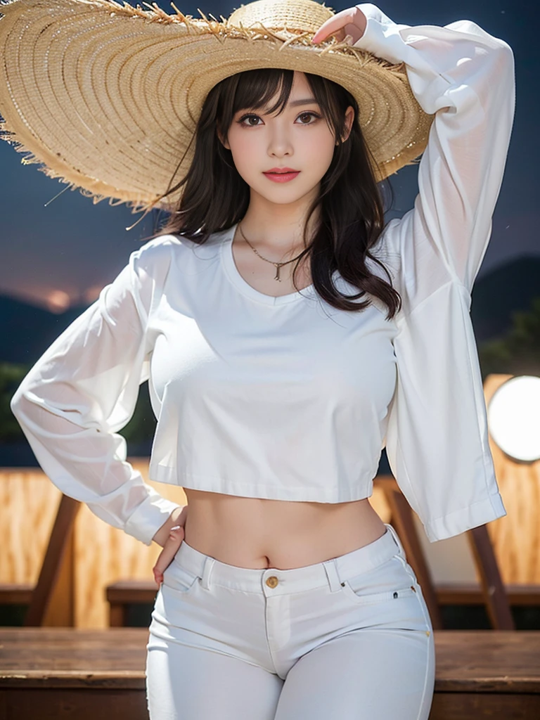 Look at this and smile、Colorful summer clothes、top quality、masterpiece、超High resolution、(actual:1.4)、Very wide lens、close up、Young woman beautiful、Nice detailed eyes and skin、smile、Short brown hair haircut、bust、Small necklace、、straw fedora hat、、Summer sky、(highest image quality: 1.35), high quality, Realistic photo, (A beautiful woman:1.33), beautiful expression, (delicate eyes:1.3), (delicate face:1.3), Smile, (light hair silhouette:1.2), Super detailed , high resolution, Athletic figure, (big breasts:1.25), (long hair:1.2), (beautiful woman), (Cute navel:1.2), ( Depth of field f/1.8:1.45 ), sharp focus, original image , (Thin white shirt:1.45), (Thin white pants:1.4), (Thin white tight pants:1.4 ), (shirt thin white eyelashes:1.4), (thick thighs:1.5), (forward facing:1.25), (cowboy photo:1.4), (night sports:1.4), ( dark sky:1.5 ),