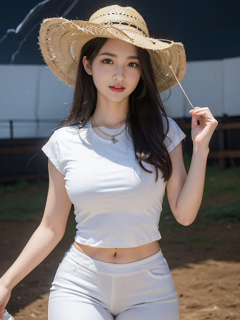 Look at this and smile、Colorful summer clothes、top quality、​masterpiece、超High resolution、(actual:1.4)、Very wide lens、close up、Young woman beautiful、Nice detailed eyes and skin、smile、Short brown hair haircut、bust、Small necklace、、straw fedora hat、、Summer sky、(highest image quality: 1.35), high quality, Realistic photo, (A beautiful woman:1.33), beautiful expression, (delicate eyes:1.3), (delicate face:1.3), Smile, (light hair silhouette:1.2), Super detailed , high resolution, Athletic figure, (big breasts:1.25), (long hair:1.2), (beautiful woman), (Cute navel:1.2), ( Depth of field f/1.8:1.45 ), sharp focus, original image , (Thin white shirt:1.45), (Thin white pants:1.4), (Thin white tight pants:1.4 ), (shirt thin white eyelashes:1.4), (thick thighs:1.5), (forward facing:1.25), (cowboy photo:1.4), (night sports:1.4), ( dark sky:1.5 ),