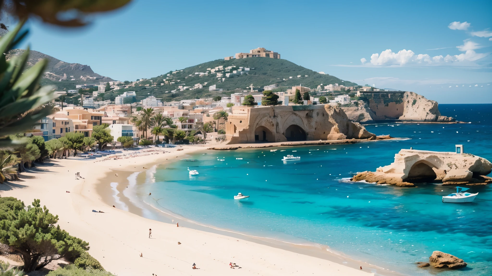 Alafud view of the rocky beach with a boat in the water, mediterranean island scenery, mediterranean vista, southern european scenery, ibiza, turquoise water, cannes, mediterranean vista, Interesting background, 在mediterranean vista中, shutter, Clear water, Beautiful sea view, byEtienne Delessert, mediterranean beach background, Clear water, in stock