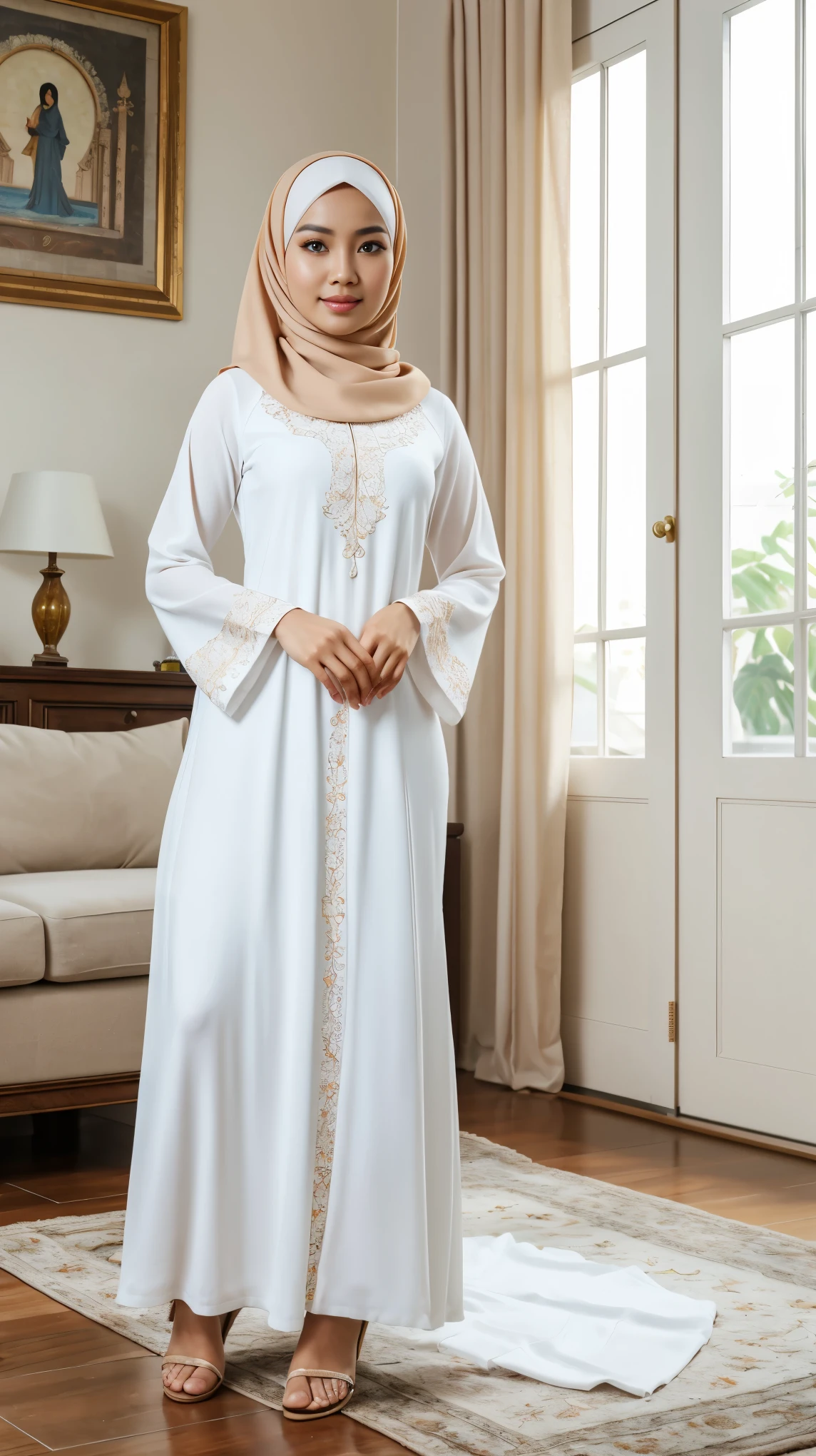 RAW, Best quality, high resolution, (masterpiece: 1.3), cute Indonesian woman, Masterpiece, cute face, bright skin, fair skin, cute eyes, light make up, standing in living room, feminine gesture, graceful expression, body facing viewer, looking to viewer, floral abaya dress, perfect white hijab, sandals, beautiful in cute pastel shades, at noon, living room background, Great lighting, great sunlight, Bright colors, Ultra realistic clean lines, very realistic