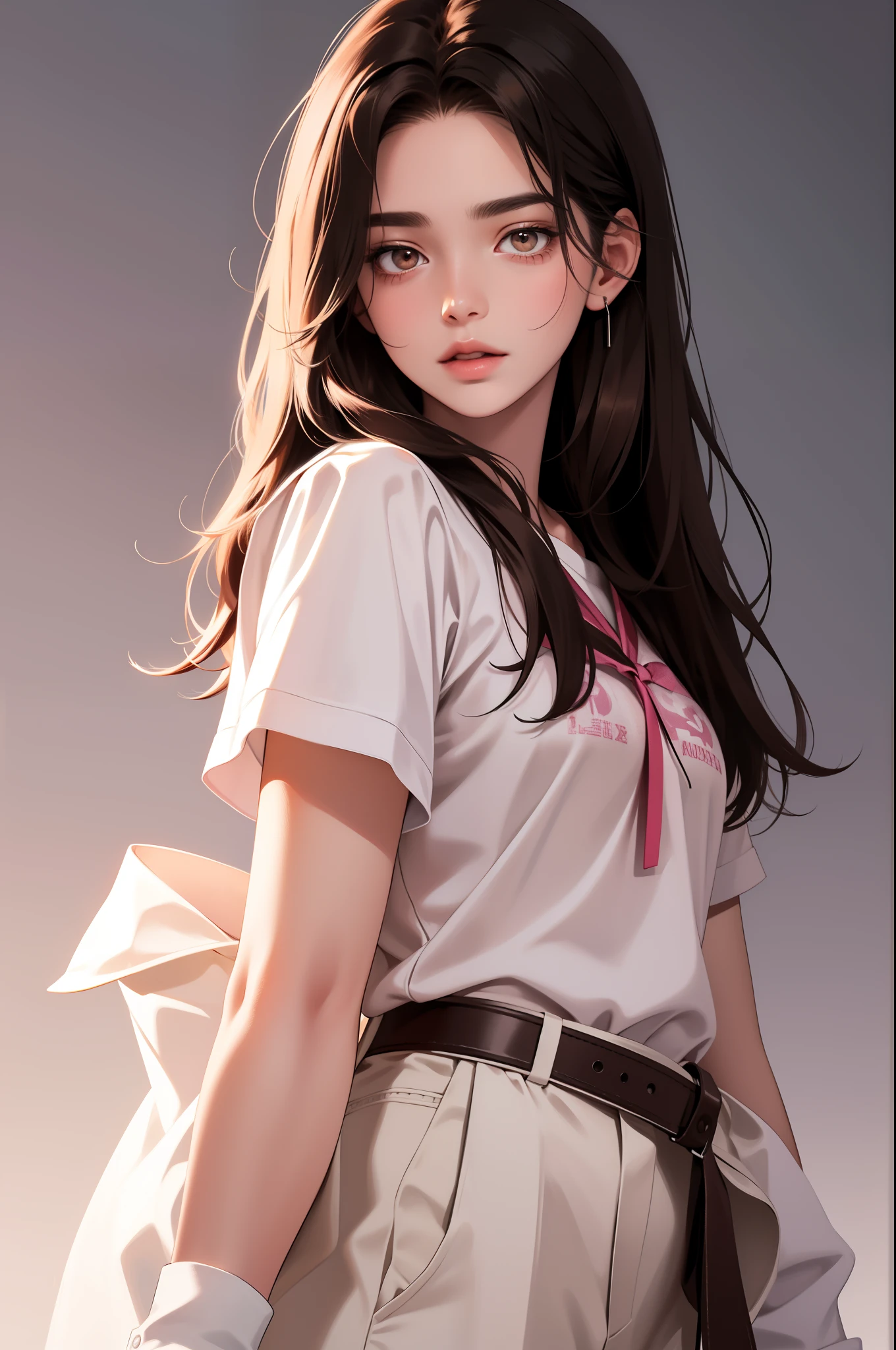 girl, black hair, blue eyes, white sleeve shirt,