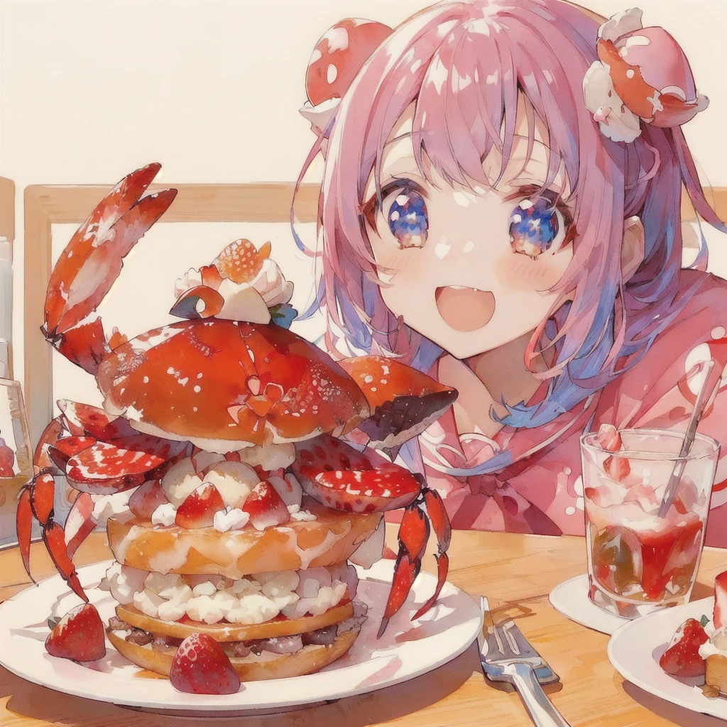 Anime girl with crab and strawberry cake on a plate, smile,Anime Food, headcrab, ❤🔥🍄🌪, Eat cake, crabcore, Cute Anime, Best anime 4k konachan wallpaper, Cute girl anime visuals, Cute realistic portrait, Pixiv, 8K!, Beautiful and detailed anime art, Anime Wallpaper, Cute artwork