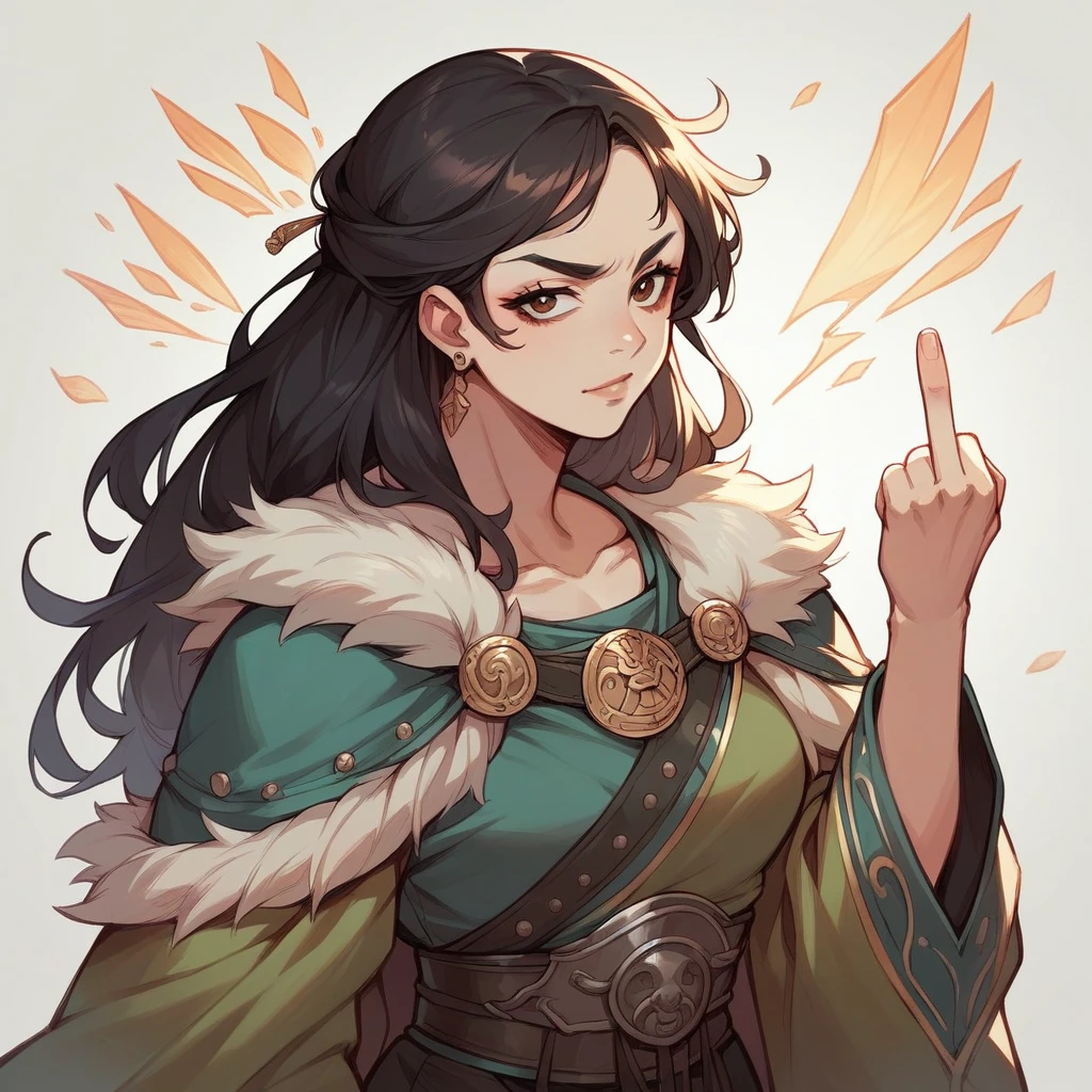 I want a personal photo of a beautiful cat with majestic and very strong Asian features, a Viking warrior, making a cursing motion with her middle finger, in high quality, in an anime style, with beautiful colors..