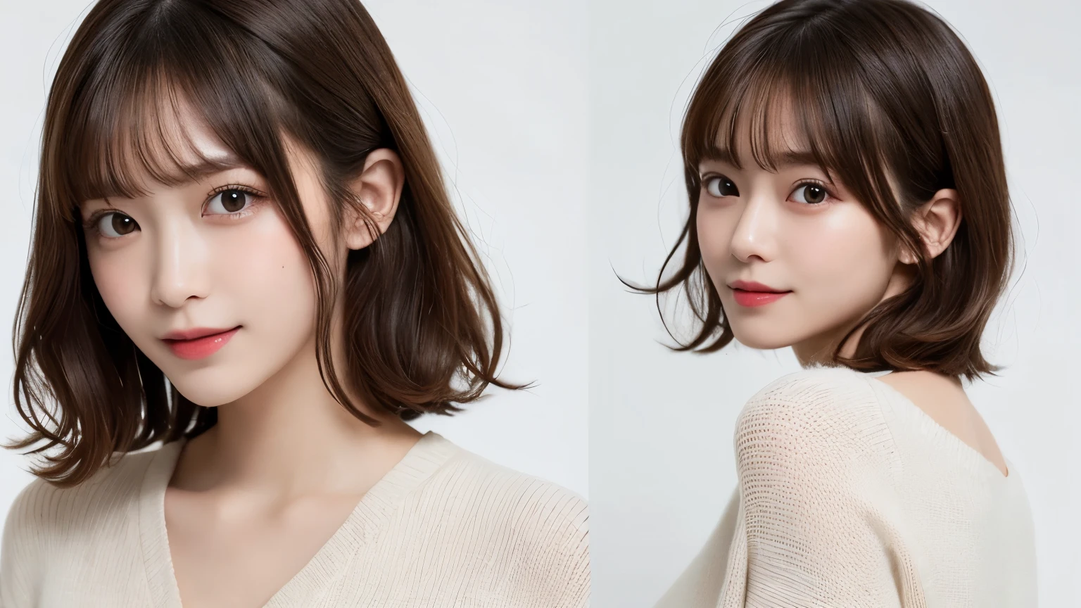 masutepiece, Best Quality, Illustration, Ultra-detailed, finely detail, hight resolution, 8K Wallpaper, Perfect dynamic composition, Beautiful detailed eyes, doress, short Hair, mid-chest, Natural Color Lip, Random and sexy poses,Smile, white background、20 years girl、Colossal 、Too much exposure、No shoulder knitwear(white)、Exposing the chest、Slid、I keep my hair tied up