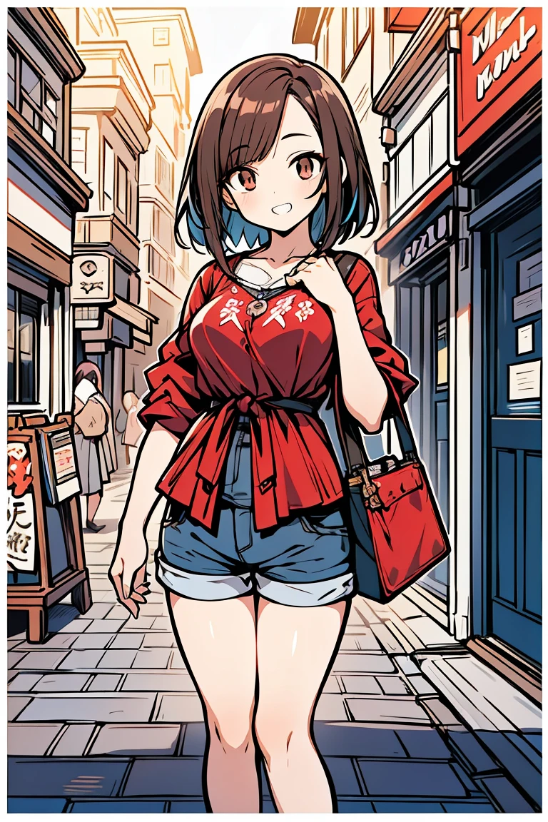 (1 personのドワーフの女の子), (1 person), Holding my knees, (super high quality), masterpiece, Open-necked clothing, Wear goggles on your head, (Brown Hair Color), (Colorful colors), Casual Scene, She is wearing fashionable clothes, Shorts, Street atmosphere, Perfect body, (E Cup:1.2), Grin, Fresh, (Asymmetrical bangs:1.3),Short Bob, (Highly detailed face and eyes), Sharp eyes, Digital Art, beautiful, Cinema Lighting, yusuke murata.tonality, Romanticism, modern art, Impressionism, reflected light, 8K, masterpiece, Advanced Details, Highest quality, Five Fingers,Accurate anatomy