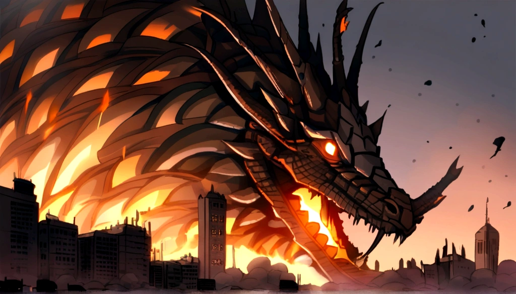 A dragon falls in a war-torn city