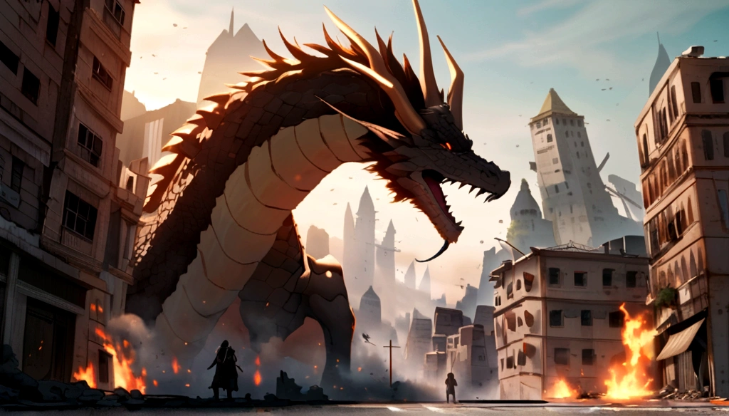 A dragon falls in a war-torn city