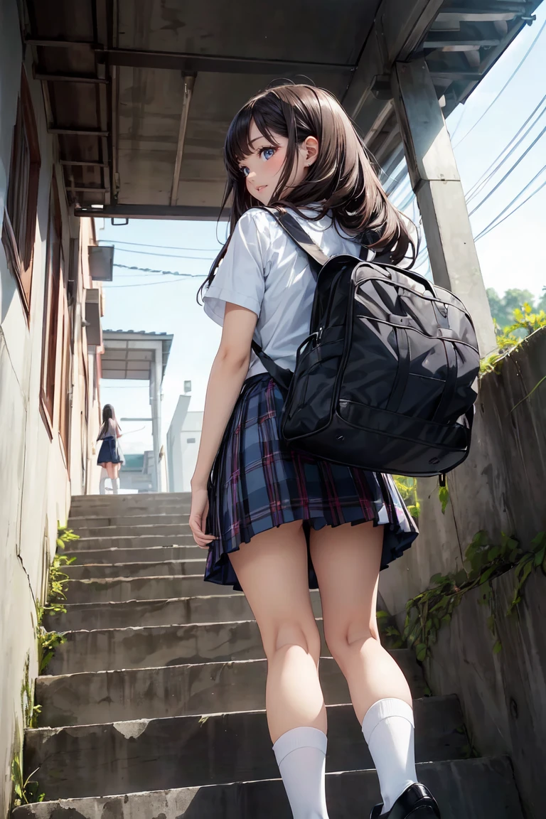 (full body:1.3), (Angle from below:1.3), (ultra detailed eyes), (ultra detailed face), high quality, best image quality, masterpiece, teenage girl, 18 years old, very cute and beautiful girl, (school stairs:1.2), ((school uniform)), (plaid skirt:1.2), school bag, (Dark blue ankle socks:1.2), (Brown Loafers:1.2), medium breasts, medium black hair, soft wavy hair, (smile:1.2), (looking back, from behind:1.3), Natural lighting, Hair fluttering in the wind, ((Finest quality)), ultra high resolution, ultra-detailliert, Meticulous portrayal, ((Best Anime)),