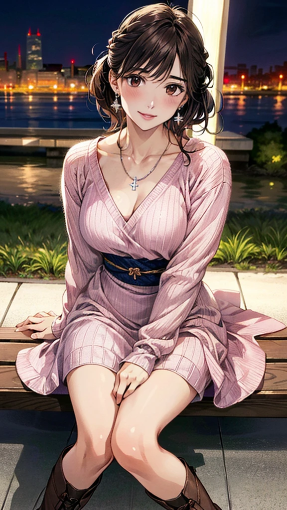 (masterpiece:1.3, Highest quality, Ultra-high resolution, Super detailed), (Realistic, photoRealistic:1.4), Beautiful illustrations, Perfect lighting, colorful, Depth of written boundary, Beautiful detailed hair, Beautifully detailed face, Beautiful fine details, Droopy eyes、Beautiful clavicle, Beautiful body, 美しいLarge Breasts, Beautiful thighs, Beautiful feet, Beautiful fingers, View Viewer、Front view:0.6, Beauty1人, Japanese, Beauty、30 years old, Perfect Face, (Perfect Anatomy, Anatomically correct), Cute and symmetrical face, Baby Face, , Shiny skin, (Pink long sleeve knit A-line dress:1.4) 、(short boots:1.3)、(Dark brown hair, Updo Hair:1.4), braided bangs、Dark brown eyes, Large Breasts, Slim body, necklace, Small earrings:1.1, (Beautiful views), (night), (city, cityscape in the distance), Riverside、 A soft smile、(Smile, Lips parted),