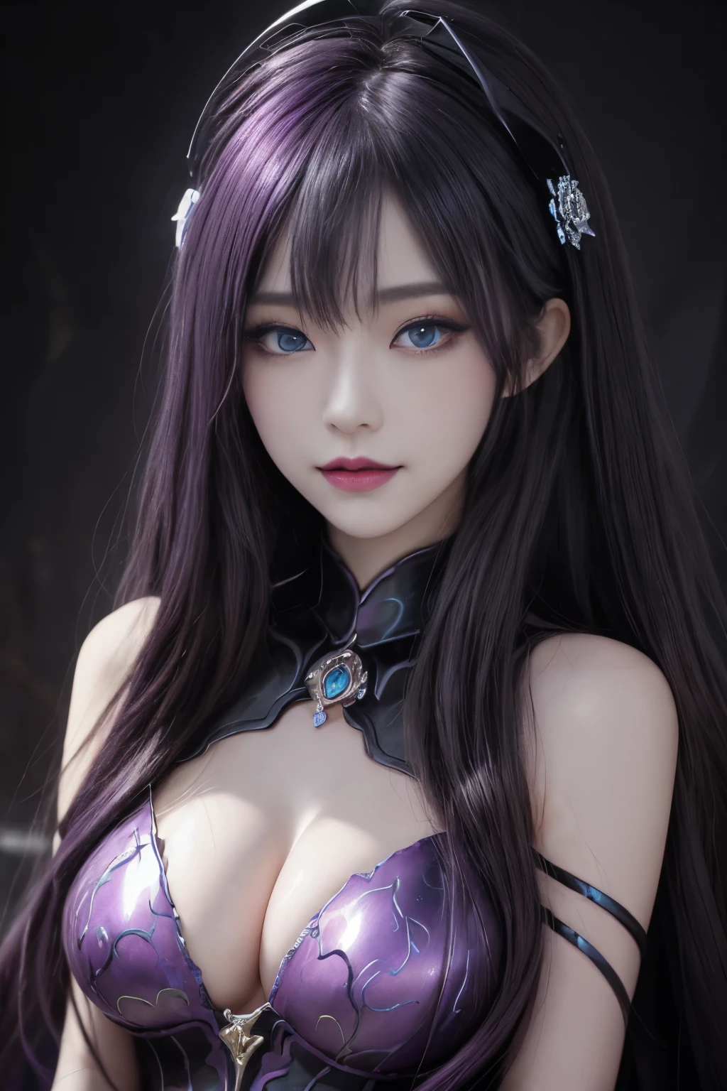 強力なスーパーevil女がクローズアップでポーズをとる, Black Goddess (Bare shoulders), length, Flowing purple hair, View your viewers, Highly detailed face, Perfect hands, Blue smoke swirling around her, evil事を愛する, Captivating blue eyes, Dark fantasy,  ， realistic girl rendering, 8k artistic german bokeh, Enchanting girl, Real Girls, Gurwitz, Gurwitz-style artwork, Girl Roleplay, Realistic 3D style, cgstation Popular Topics,, 8K Portrait Rendering,（truth，truth：1.4）、Genuine, Symmetric, High detail, Esoteric arachnids lady, Spider Queen Elise, League of Legends, Esoteric arachnids, Combat Stance, ( The body is made with liquid metallic paints in metallic mauve and metallic black...、It beautifully depicts the female form...。), length, Sharp Fangs, nature, ((Complex metallic colors in the foreground)), (( Fluid Mechanics, The most beautiful smooth scale face makeup, Smirking expression)) - Dark blood, Onyxia、Noir painting of a beautiful young witch, length purple hair, dark purple lips, evil, evil女, smile, Black Prom Dress, She is coming to you, close, Bright Blue Eyes, Surrounded by swirling pink smoke, Genuine, High detail, Highest quality