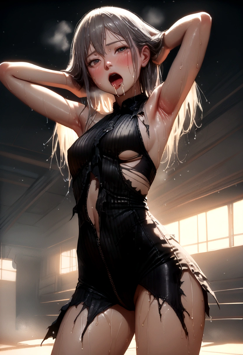 girl, Hmph, VRay Shaders, Hmph, Realistic painting, Realistic eyes, 8K, Realistic Light, OpenGL shaders, Post-processing, cute, 1girl in, alone, white-skinned pretty girl, small, Nice face, cute face, Delicate arms, Delicate hands, Slim legs and body,(alone, Cowboy Shot:1.6),(((Thin crotch:1.3))),(Thin thighs:1.3), (it hurts, Sweaty, Completely blush, vaporing body, mix:1.5), (Open your mouth, Combat Stance, attack, Are standing:1.6), Close one eye, (vapor, Wet Hair, In the heat, Heavy breathing:1.3), (Spit it out, Drooling, Torn Costume:1.4),、(((Look straight at the camera)))、(((Place your hands behind your head、Exposed armpits))),(((Show off your)))、Nipples are exposed、Blushing、(((Place your hands behind your head、Exposed armpits))),(((Fighting Pose)))、((High kick pose))