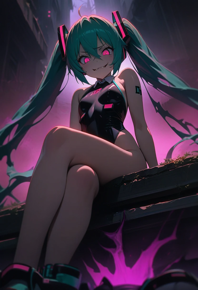 best masterpiece, ultra detailed, best quality, sharp focus, 12K, super high resolution picture, 1girl, hatsune miku, vocaloid,(Bontage leotard:1.5),(sitting on the 1girl:1.5), crossing legs, looking down, from bottom, looking at viewer, outdoors,evil aura,evil smile,full body,dark aura,(anime coloring:1.4)