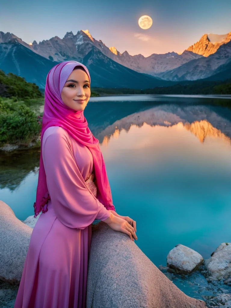 A very starry night. Big moon behind the mountains. The calm lake reflects the night. a beautiful Indonesian woman in hijab, pink dress, chin resting, dreamy expression, realistic scene, detail, Photorealism, 16k, abdurrahman saleh