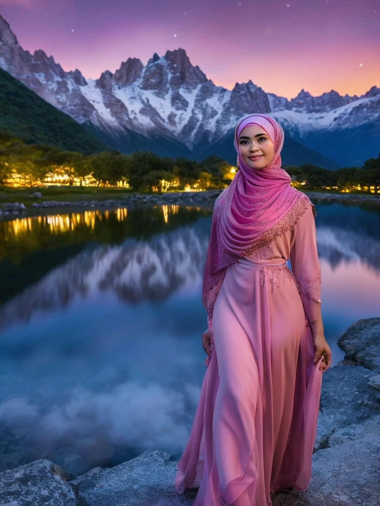 A very starry night. Big moon behind the mountains. The calm lake reflects the night. a beautiful Indonesian woman in hijab, pink dress, chin resting, dreamy expression, realistic scene, detail, Photorealism, 16k, abdurrahman saleh