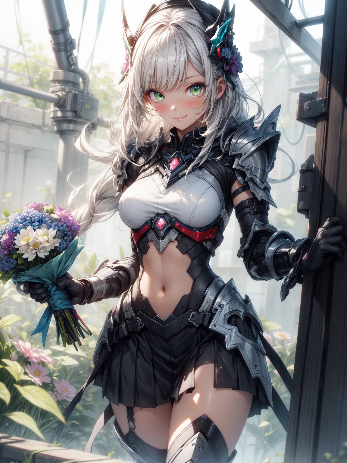 Be realistic，（masterpiece，Highest quality，Highest quality，Very detailed，Fractal Art，Most detailed，（Flower field background：1.5）（1 Girl），Kamimei，（Hair length），（Green eyes glow、your breasts will grow，Stunned)，crystallization，sexy、Machinery Armor、Sunburned skin、（Holding a bouquet of flowers in both hands:1.3）、break, (Holding a bouquet:1.3),(mini skirt)、A kind smile