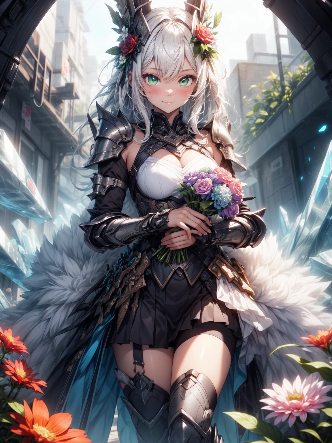 Be realistic,(masterpiece,Highest quality,Highest quality,Very detailed,Fractal Art,Most detailed,(Flower field background:1.5)(1 Girl),Kamimei,(Hair length),(Green eyes glow、your breasts will grow,Stunned),crystallization,sexy、Machinery Armor、Sunburned skin、(Holding a bouquet of flowers in both hands:1.3)、break, (Holding a bouquet:1.3),(mini skirt)、A kind smile