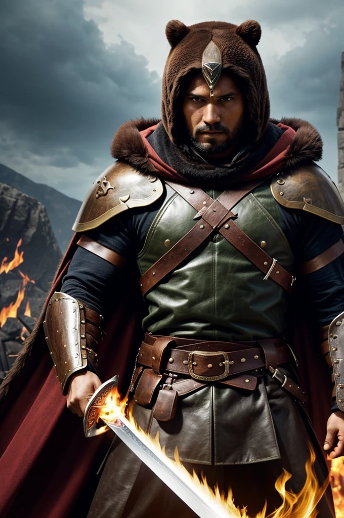 Make an image of a strong person with a sword and a shield who is a warrior who has had many battles and won them all who has a bear leather cape with fire