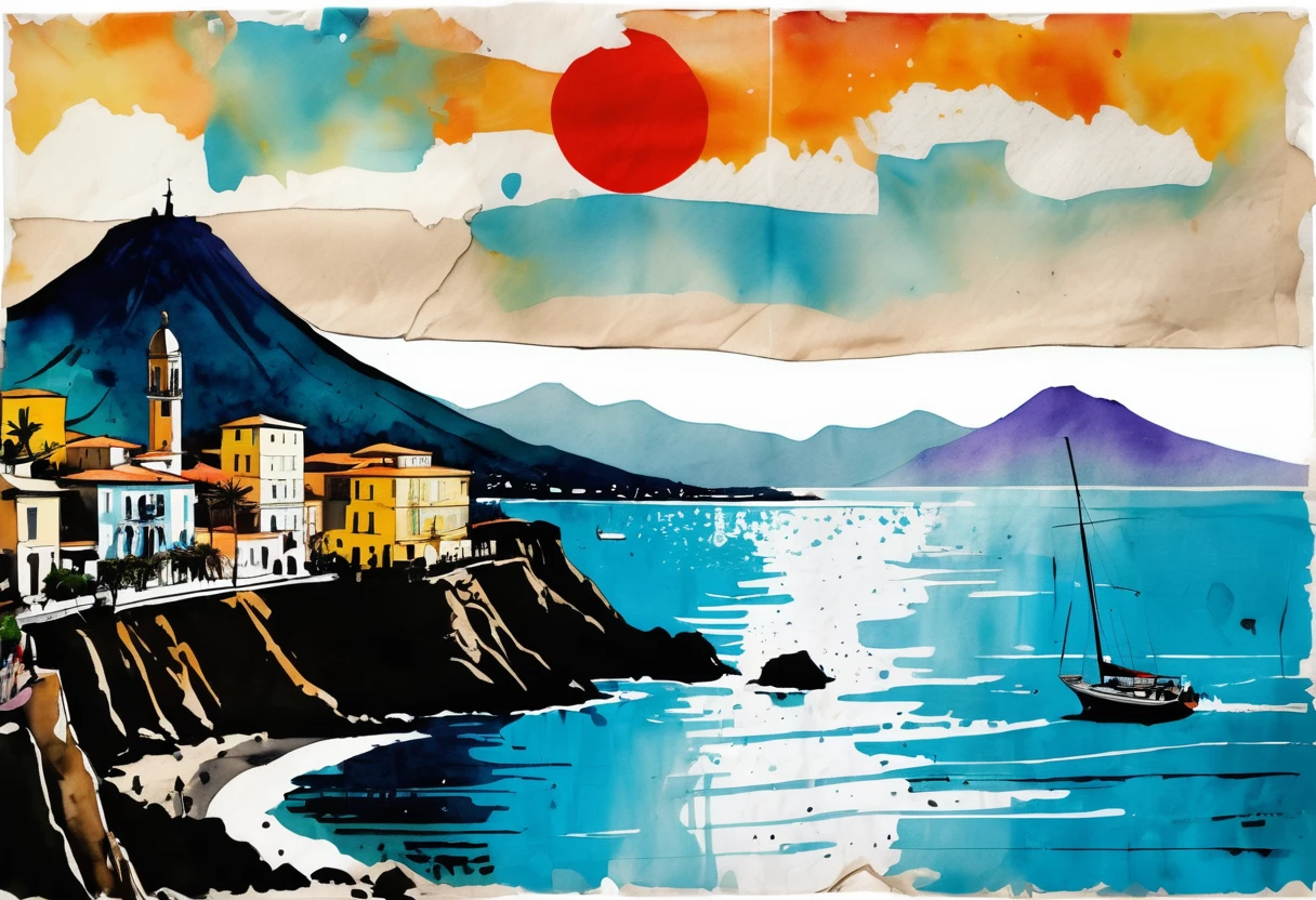 (ink on newspaper in the style of Loui Jover:1.5), NAPLES LANDSCAPE, VESUVIO, SEA, mermaid naples gulf, Envision an art movement inner thoughts and emotions as vibrant, shifting patterns of color and light