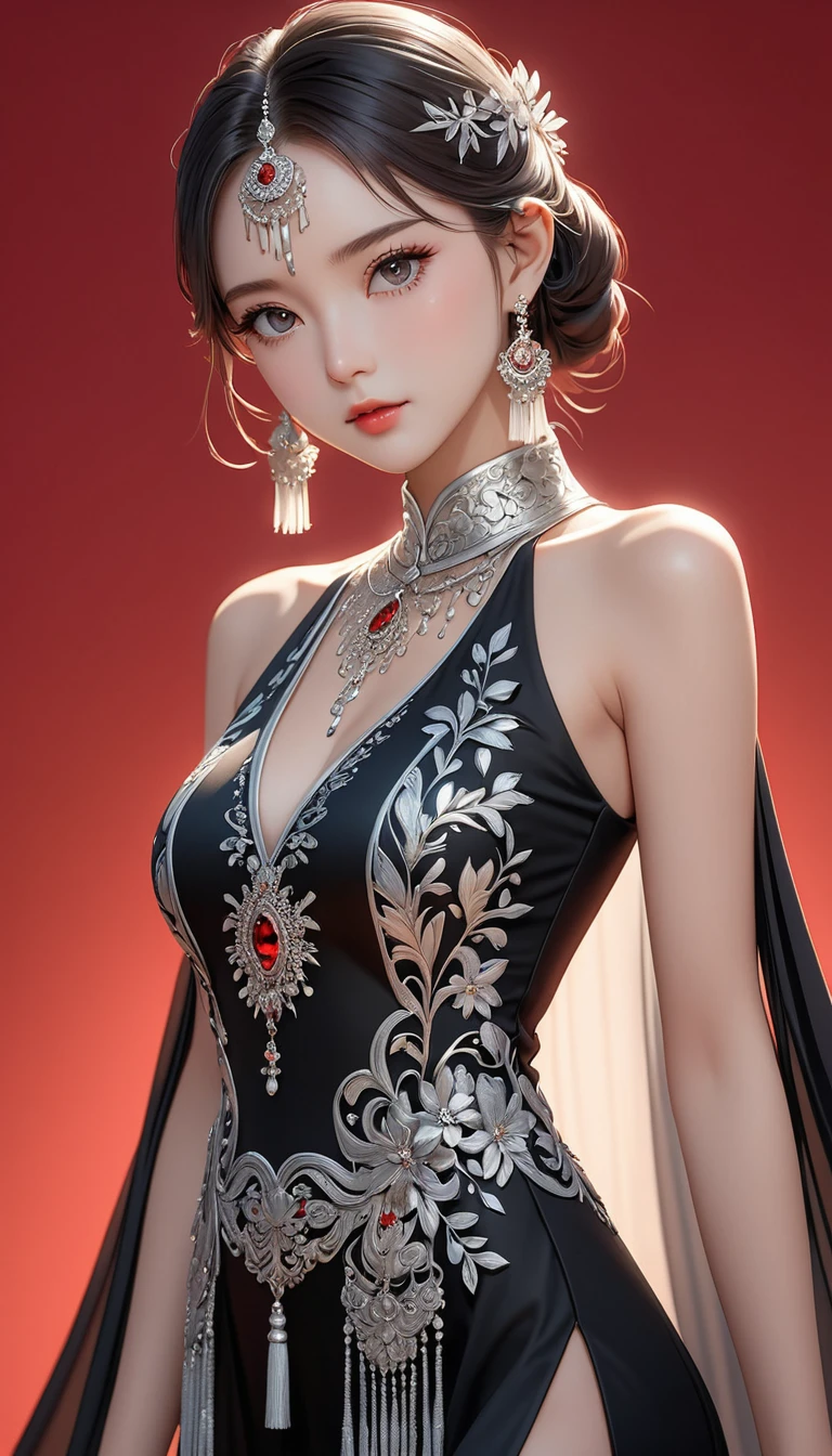 (masterpiece，high quality，8K).beautiful girl，Ethnic evening dress：1.5.Skin details，Bright Eyes，Thick eyelashes，Unique，Staring at the audience），（High collar sleeveless black maxi dress，High seat，Long legs，seedling：1.5，Silver jewelry：1.2，silver tassel：1.37，）。Ultra wide angle，Clean and simple red background