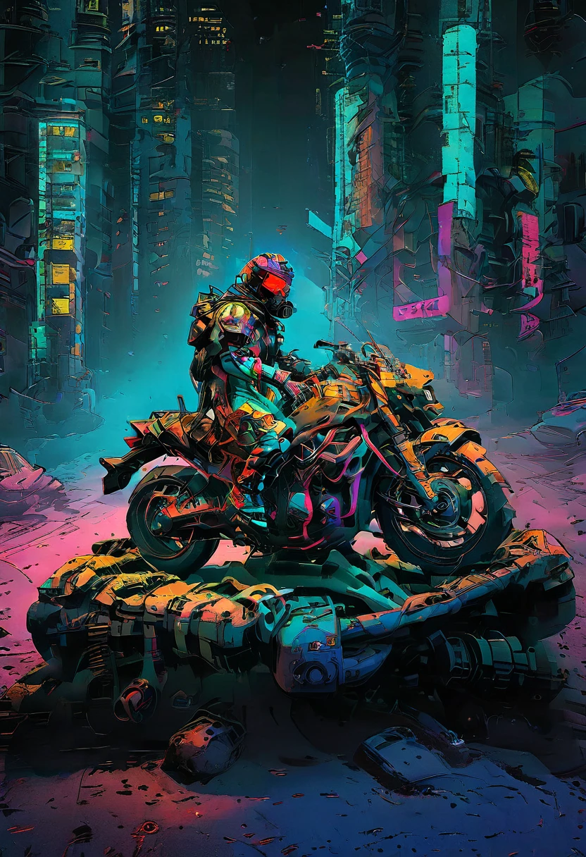 detailed cyberpunk motorcycle, futuristic motorcycle, riding on the road, motorcycle from behind view, 1 person riding motorcycle, intricate details, high resolution, 8K, photorealistic, hyper detailed, cinematic lighting, dynamic motion blur, gritty urban environment, neon lights, glowing cybernetic elements, chrome accents, weathered texture, mecha-inspired design, complex machinery, industrial cityscape, moody color palette, (Best Quality,4k,8K,high resolution,masterpiece:1.2),ultra detailed,sharp focus,(realist,photorealist,photo-realist:1.37), extremely fine,intricate details,intense lighting,dramatic lighting,Changing lighting,cinematic lighting,chiaroscuro lighting,dramatic shadows,dramatic moments,vivid colors,intense colours,Deep contrast,cinematic depth of field,cinematographic composition,cinematic camera angle