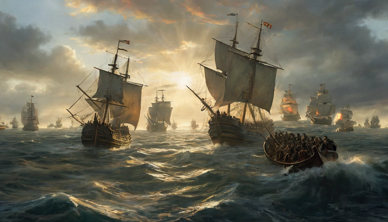Naval battle during the 14th century with medieval ships. The scene shows several medieval warships, made of wood and with tall sails, in the midst of fierce combat on the high seas. The ships are adorned with shields and heraldic emblems, and some carry catapults and archers on the upper decks. Men can be seen fighting with swords and spears, while others shoot arrows from the towers of the ships. The ocean waves are choppy, splashing water onto the decks and adding drama to the scene. The sky is partly cloudy with rays of sunlight filtering through the clouds, illuminating parts of the naval battlefield and creating a contrast to the darkness of the fighting. The atmosphere is chaotic and dynamic, capturing the intensity of the battle at sea. Hyperrealism, UHD, retina, masterpiece, accurate, anatomically correct, textured skin, super detail, award winning, 8k
