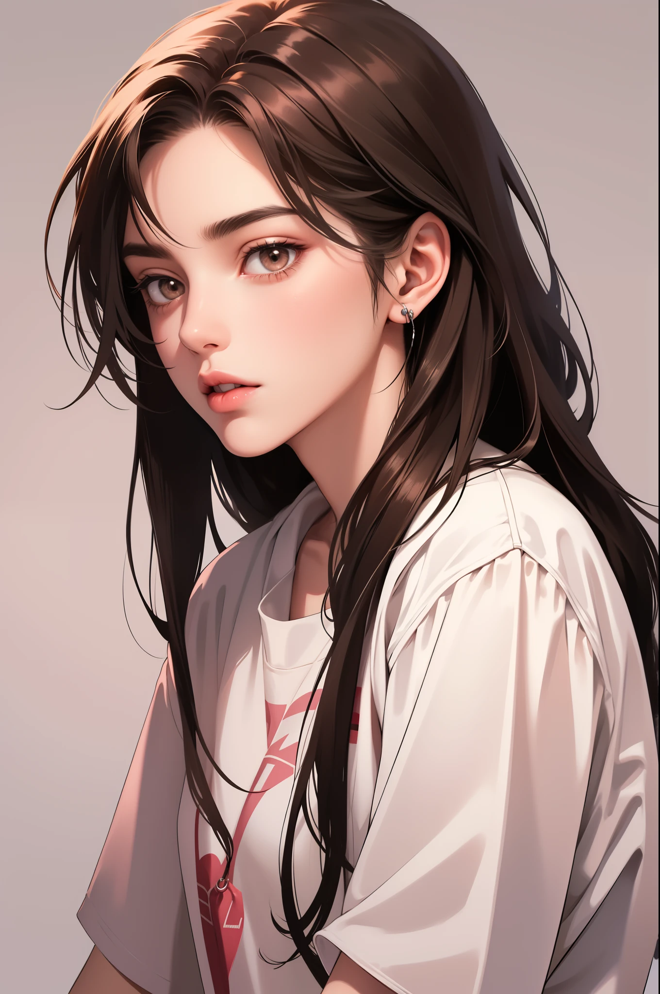 Girl, long straight brown hair, brown eyes, sharp features, white skin, pink lips, beautiful, high school clothes