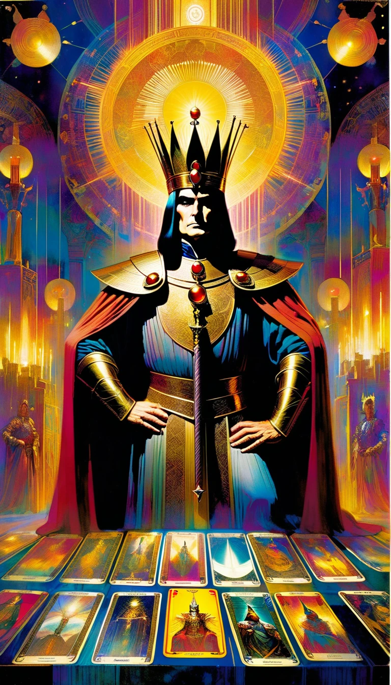 tarot card, the emperor,, FULL frames of tarot cards ((text on card: "EL EMPERADOR"))artwork by Bill Sienkiewicz, vivid colors, intricate details, oil.

