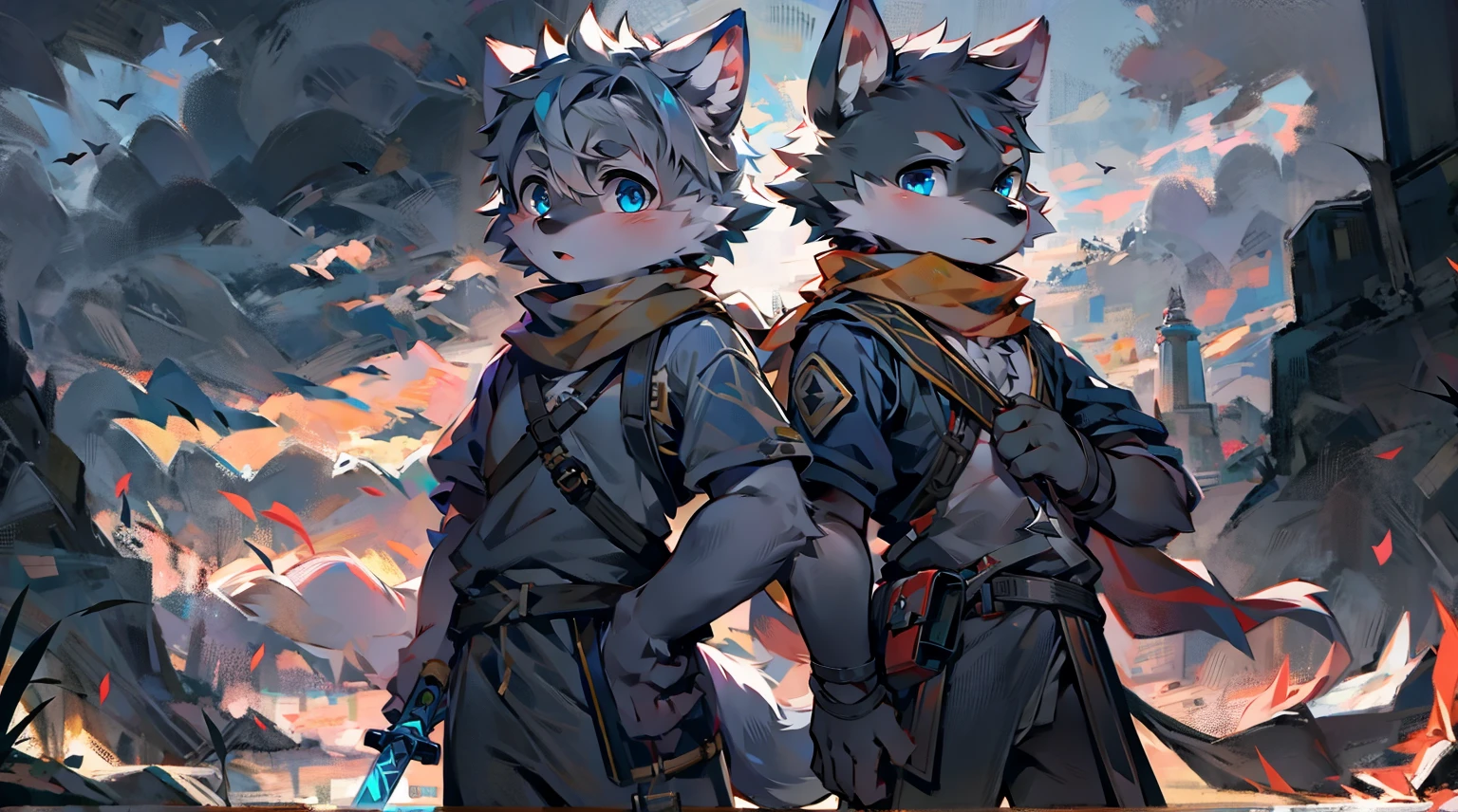 Wolf，juvenile，male，Gray-black fur，Sky blue eyes，Ancient combat uniform，scarf，Holding a long sword，Scabbard back，permanent，The only one,dawn，illumination，Break