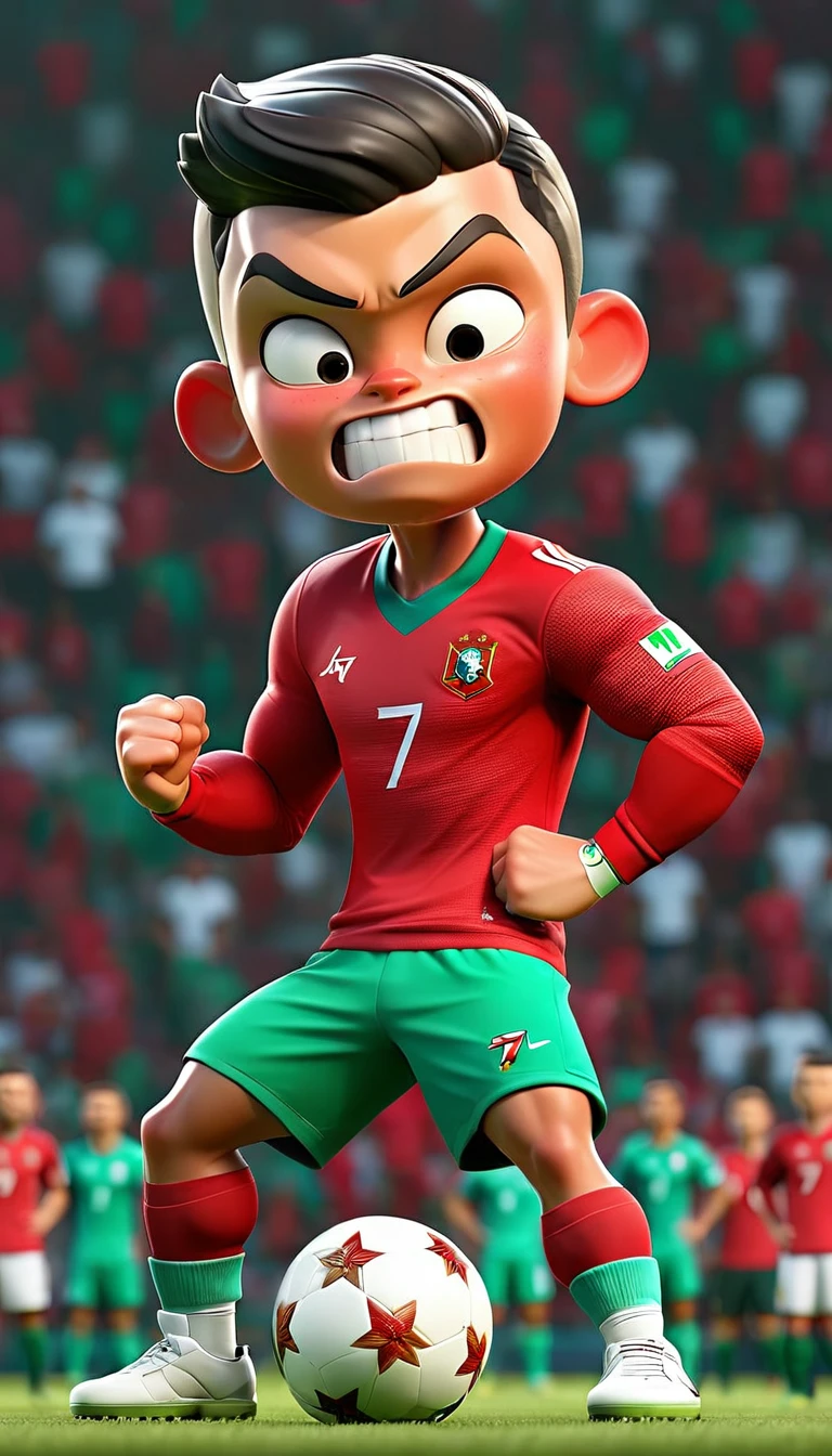 1 men,football star,Cristiano Ronaldo,celebration,Pixar style,3D,ultra high definition,8K,high quality,master,masterpiece,simple background,owo style,Portuguese national football team,Portugal national team jersey,red jacket,green shorts,