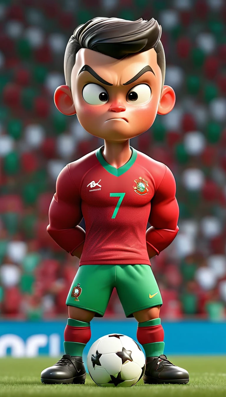 1 men,football star,Cristiano Ronaldo,celebration,Pixar style,3D,ultra high definition,8K,high quality,master,masterpiece,simple background,owo style,Portuguese national football team,Portugal national team jersey,red jacket,green shorts,
