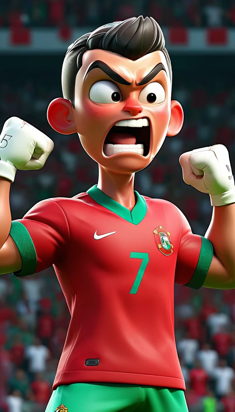 1 men,football star,Cristiano Ronaldo,celebration,Pixar style,3D,ultra high definition,8K,high quality,master,masterpiece,simple background,owo style,Portuguese national football team,Portugal national team jersey,red jacket,green shorts,