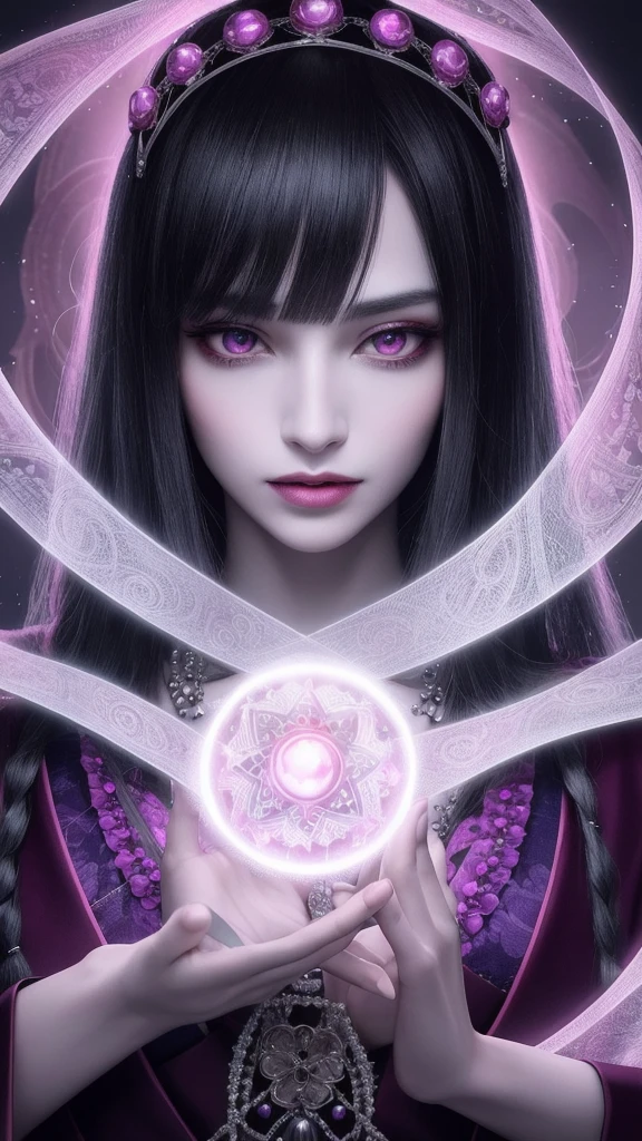 (masterpiece, top quality, 1 female, solo, exquisite details, chromatic aberration), (realistic), (skin), ((breathing)), (silver hair, blunt bangs, short cut straight long hair, short cut bangs, silver hair), beautiful hair, big red headdress, blue highlights, hair on one eye, purple eyes, thick lips, earrings, piercing eyes, friendly eyes, ((pink and white kimono)), ((symmetrical eyes)), ((perfectly symmetrical body)), ((perfectly symmetrical hands)), (purerosface_v1:0.3), night, (((self, natural light))), bright lighting, flowers blooming in the background, facing forward, ((central shot, from the front, (face and waist))), mysterious atmosphere, flowers blooming around, light colored background, fortune teller in kimono, beautiful fortune teller, fortune teller, dark fantasy female fortune teller, female fortune teller, fantasy photography, magician, witch fairy tale, japanese style, elegant cinematic fantasy art, fantasy woman, magician portrait, casting a spell, fortune teller, unsexy kimono, a powerful wizard stands in a mysterious forest, fluttering robes adorned with symbols, holding a glowing heart crystal ball, eyes glowing with mystical energy, spells leaking from his mouth, vivid swirling patterns of black magic pulsating in hues of red and blue appear in the air, magic permeates, flowers bloom and sacred creatures gaze in awe, threads of magical energy dance, revealing hidden realms and unravelling secrets, capturing the essence of this enchanting moment and bringing to life the mysterious power of black magic on a canvas of the highest quality and finest detail. Top Quality, Masterpiece, Ultra High Resolution, (Photorealistic: 1.4), RAW Photo, Sharp Focus, High Resolution, Detailed Skin, .