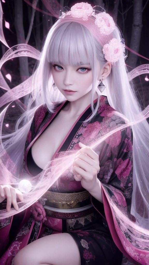 kimetsu female character, one red eye and one pink eye with white hair, white eyelashes too