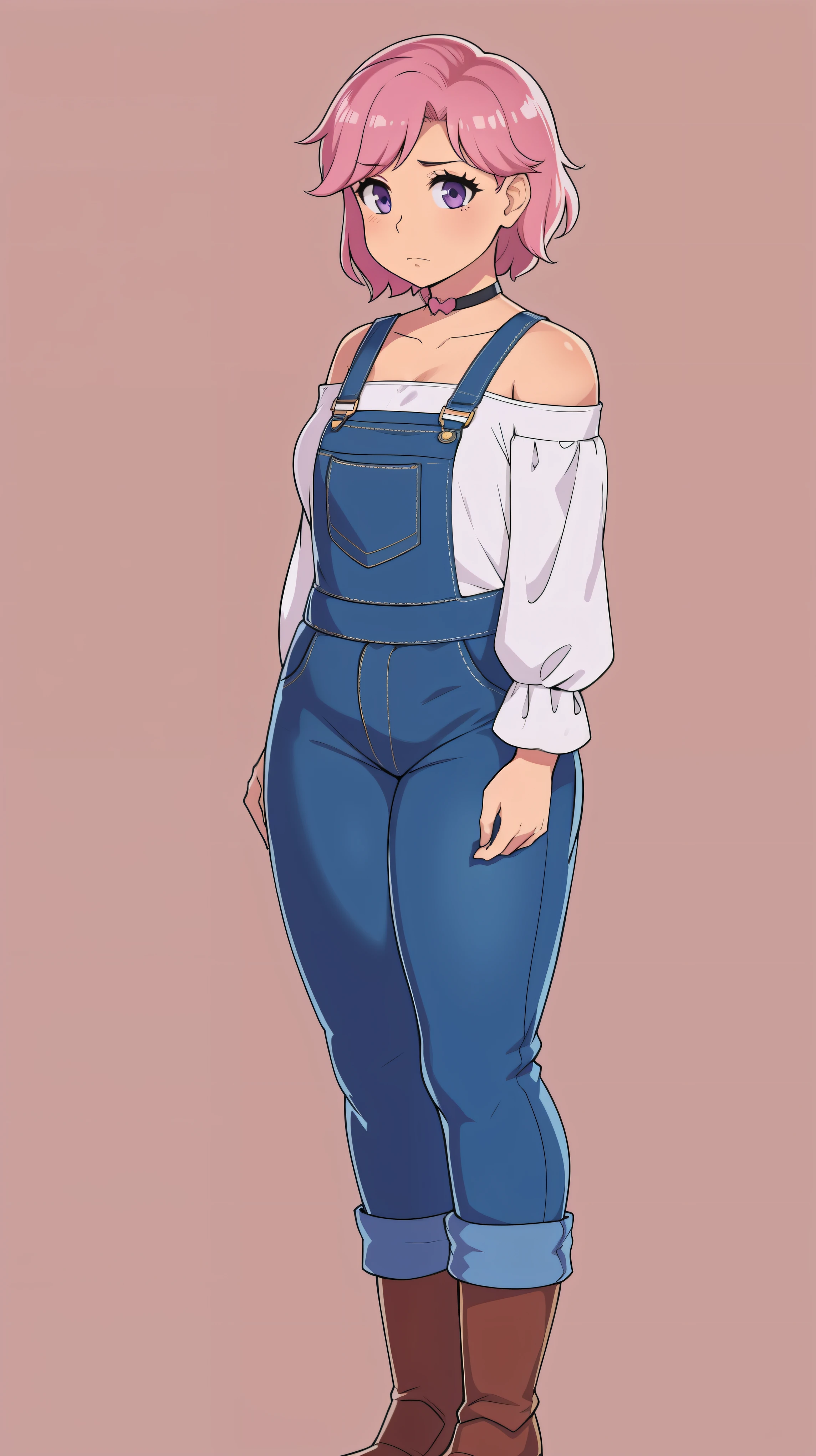 sad, farm backround, Full body, looking at viewer, 1girl, solo, short pink hair, (dark blue choker), (dark blue denim overalls), (purple eyes), (pink boots), (white shoulder lantern sleeve blouse, tucked in pants