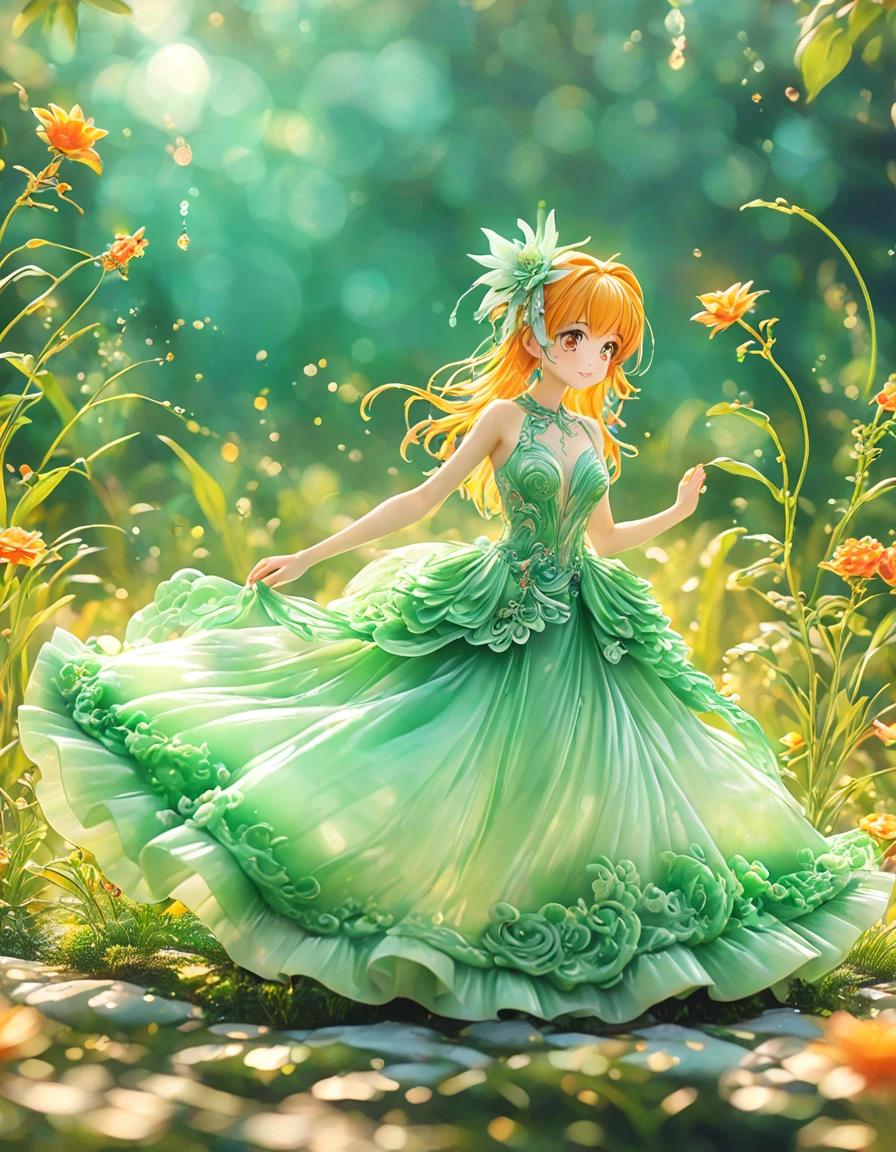 best quality, very good, 16K, ridiculous, Very detailed, charming((( Evening dress 1.3)))，Made of translucent jadeite, Background grassland（（A masterpiece full of fantasy elements）））， （（best quality））， （（Intricate details））（8K）