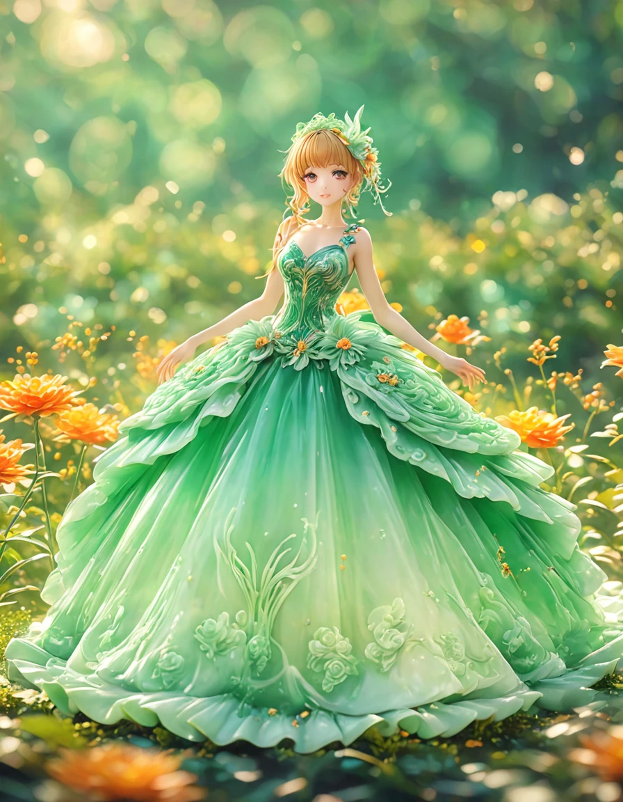 best quality, very good, 16K, ridiculous, Very detailed, charming((( Evening dress 1.3)))，Made of translucent jadeite, Background grassland（（A masterpiece full of fantasy elements）））， （（best quality））， （（Intricate details））（8K）