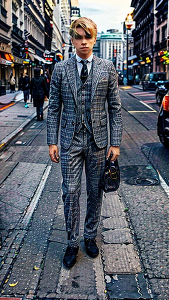 Ultra-realistic, cinematic, man, 29 years old, blond hair hair, side parted hairstyle , clean shaven, hourglass body type, wears navy blue blazer, lavender checked shirt, dark brown knitted tie , walks on street of Moscow, autumn, happy