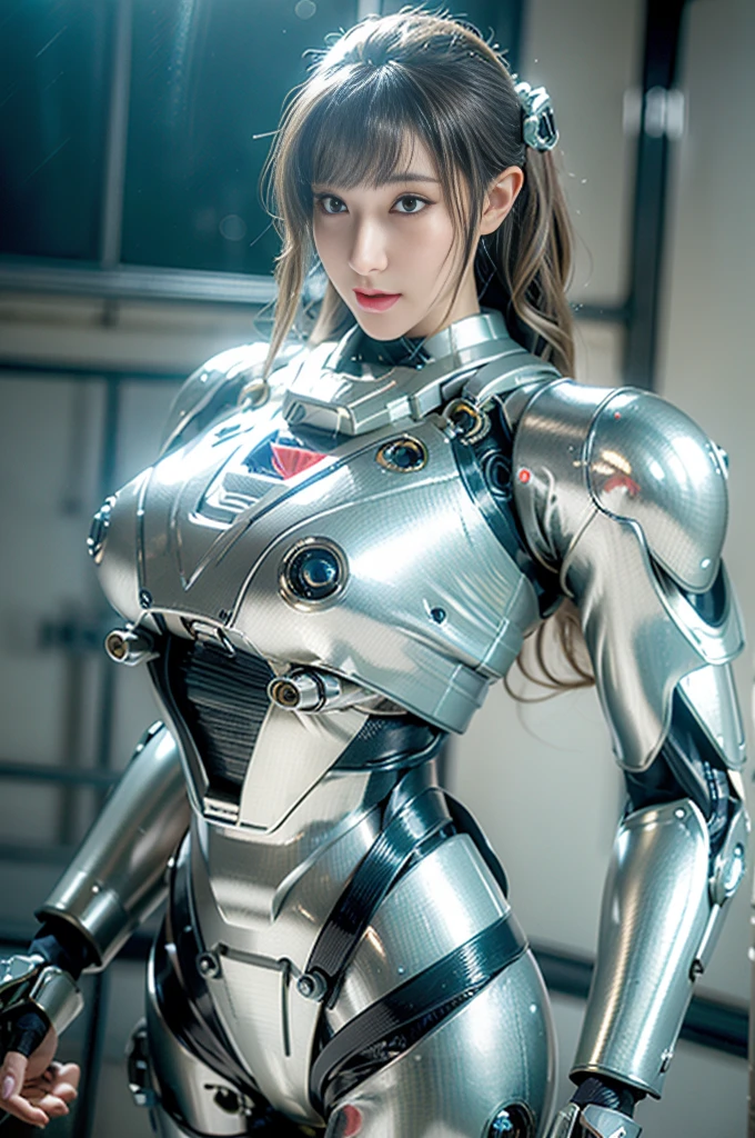 Super Detail, High Detail, high quality, best quality, High resolution，1 female robot，Beautiful female robot,beautiful clear face(Rain waves_haneame：1.5)， Mechanical body(Smooth metal surface，silver armor，Mechanical seams of skin，beautiful body curves)，Mechanical body structure,High-tech all over the body(Deva Battle Suit : 1.5)，Streamlined mechanical armor (Relatively thick，Highlight breast curves),Technology Antenna Hair Accessories