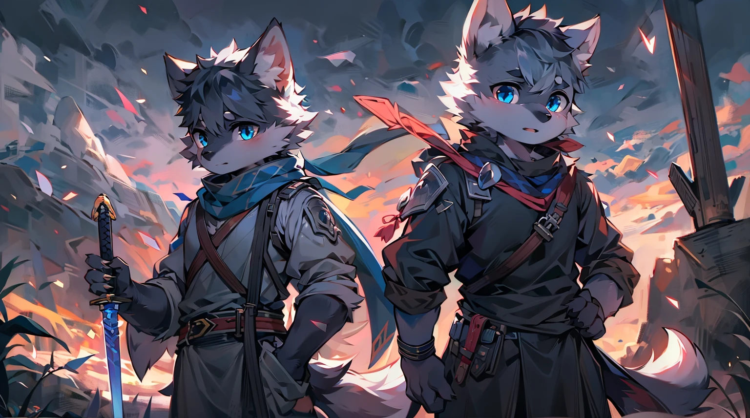Wolf,juvenile,male,Gray-black fur,Sky blue eyes,Ancient combat uniform,scarf,Holding a long sword,Scabbard back,permanent,The only one,dawn,illumination,Break