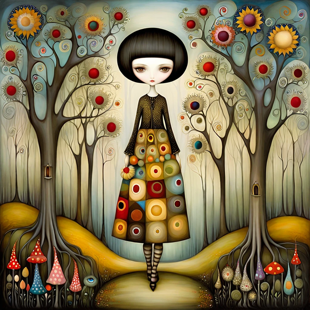 Patchwork by Klimt, Nicoletta Ceccoli, Naoto Hattori, Lawrence Didier, Leonora Carrington of European Woman with short black hair and a long wide skirt, walks in beautiful forest with strangely shaped trees of many colors, holds flowers and berries in his hands. warm colors