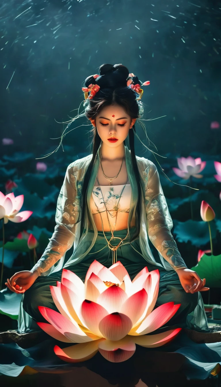 Lotus pose girl full body photography，Raw, Filming, (Clear focus:1.5), (Reality:1.4), Dusk lighting, Volumetric Lighting, Ultra-high resolution,Dramatic Lighting, White background,（tangled，Mandala，dispute，Entanglement), Fox Demon，Fox Mask，short jacket, Foxfire Curse, fox family, Transformation, Depth of Field, Dreamy atmosphere, The most beautiful chaos, grace, Brutalist Design Dark Theme, Flower of Death, Flowers of ecstasy，Glowing Line,Glow Example，Tracking Example，flash， Backlight，translucent，Light Particles