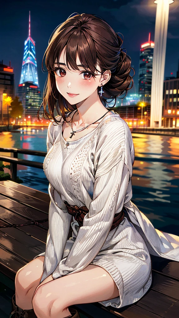 (masterpiece:1.3, Highest quality, Ultra-high resolution, Super detailed), (Realistic, photoRealistic:1.4), Beautiful illustrations, Perfect lighting, colorful, Depth of written boundary, Beautiful detailed hair, Beautifully detailed face, Beautiful fine details, Droopy eyes、Beautiful clavicle, Beautiful body, 美しいLarge Breasts, Beautiful thighs, Beautiful feet, Beautiful fingers, View Viewer、Front view:0.6, Beauty1人, Japanese, Beauty、30 years old, Perfect Face, (Perfect Anatomy, Anatomically correct), Cute and symmetrical face, Baby Face, , Shiny skin, (with thin belt、Red long sleeve knit A-line dress:1.4) 、(short boots:1.3)、(Dark brown hair, Updo Hair:1.4), braided bangs、Dark brown eyes, Large Breasts, Slim body, necklace, Small earrings:1.1, (Beautiful views), (night), (city, cityscape in the distance), Riverside、(Sitting cross-legged on a bench)、 A soft smile、(Smile, Lips parted),