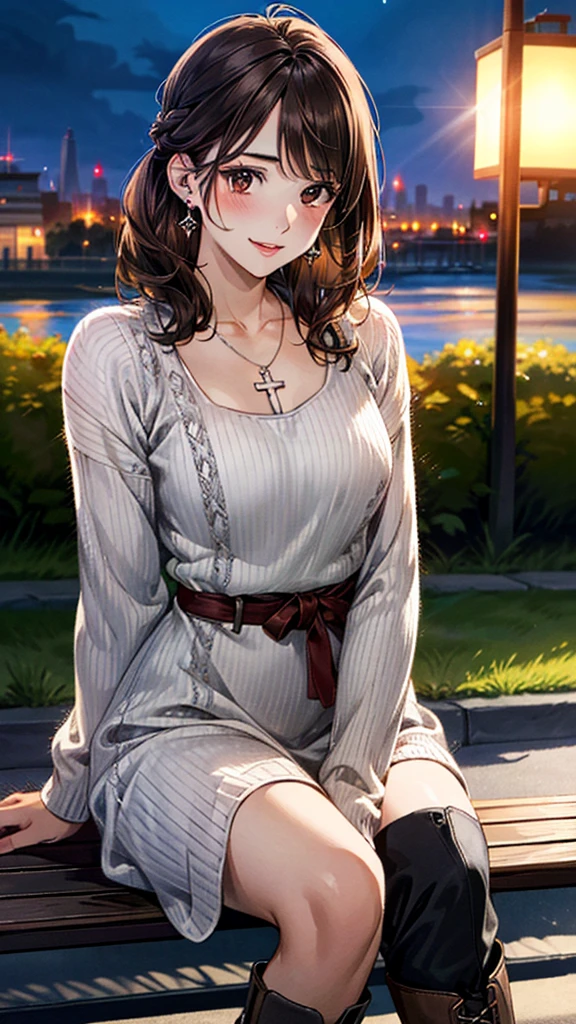 (masterpiece:1.3, Highest quality, Ultra-high resolution, Super detailed), (Realistic, photoRealistic:1.4), Beautiful illustrations, Perfect lighting, colorful, Depth of written boundary, Beautiful detailed hair, Beautifully detailed face, Beautiful fine details, Droopy eyes、Beautiful clavicle, Beautiful body, 美しいLarge Breasts, Beautiful thighs, Beautiful feet, Beautiful fingers, View Viewer、Front view:0.6, Beauty1人, Japanese, Beauty、30 years old, Perfect Face, (Perfect Anatomy, Anatomically correct), Cute and symmetrical face, , , Shiny skin, (with thin belt、Red long sleeve knit A-line dress:1.4) 、(short boots:1.3)、(Dark brown hair, Updo Hair:1.4), braided bangs、Dark brown eyes, Large Breasts, Slim body, necklace, Small earrings:1.1, (Beautiful views), (night), (city, cityscape in the distance), Riverside、(Sitting cross-legged on a bench)、 A soft smile、(Smile, Lips parted),