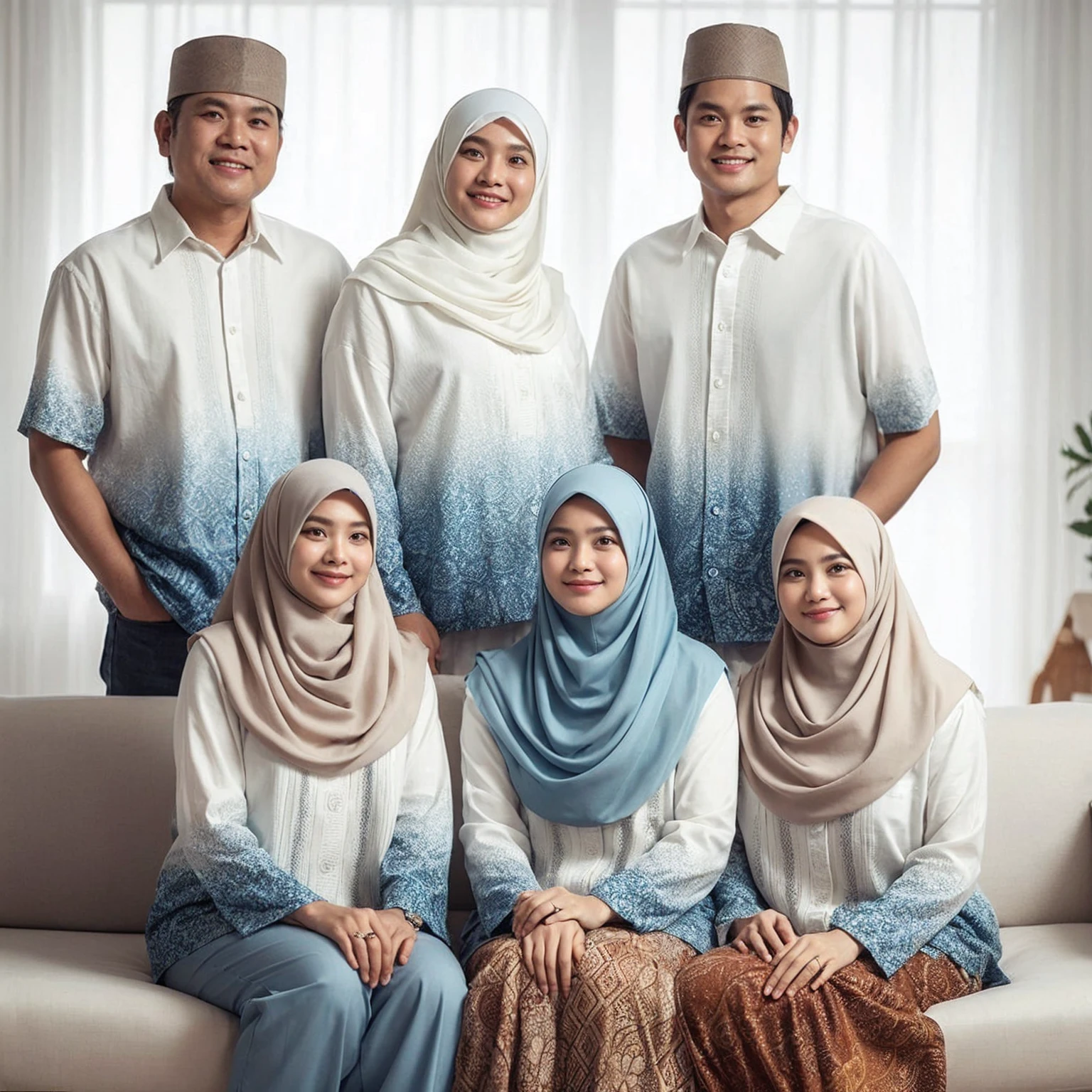Family photo in Indonesia, six members. A 50-year-old big cody father with cap, a 50-year-old mother with hijab siting on sofa. next to them three womens aged 35 year old with with hijab standing behind both 35 years old, a men 35 year old clean smooth face. They are all wearing matching gradient white and sky blue batik and 'gamis', posing standing in the living room white wall and curtain. The photo is taken in a professional studio with high detail