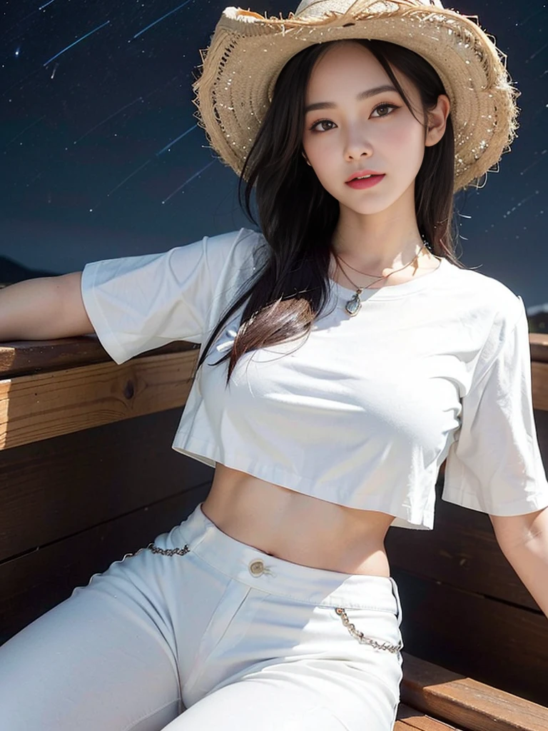 Look at this and smile、Colorful summer clothes、top quality、​masterpiece、超High resolution、(actual:1.4)、Very wide lens、close up、Young woman beautiful、Nice detailed eyes and skin、smile、Short brown hair haircut、bust、Small necklace、、straw fedora hat、、Summer sky、(highest image quality: 1.35), high quality, Realistic photo, (A beautiful woman:1.33), beautiful expression, (delicate eyes:1.3), (delicate face:1.3), Smile, (light hair silhouette:1.2), Super detailed , high resolution, Athletic figure, (big breasts:1.25), (long hair:1.2), (beautiful woman), (Cute navel:1.2), ( Depth of field f/1.8:1.45 ), sharp focus, original image , (Thin white shirt:1.45), (Thin white pants:1.4), (Thin white tight pants:1.4 ), (shirt thin white eyelashes:1.4), (thick thighs:1.5), (forward facing:1.25), (cowboy photo:1.4), (night sports:1.4), ( dark sky:1.5 ),