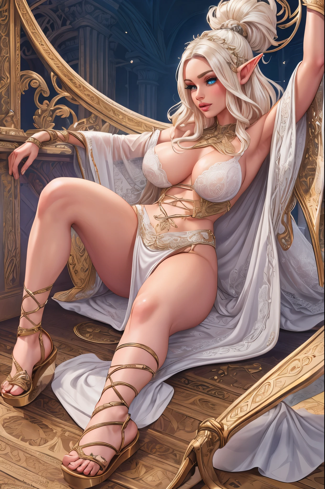 elf warrior, sexy white robe, blade dancer, sword, lace up sandals, panties, swirling robe, beautiful detailed eyes, beautiful detailed lips, extremely detailed eyes and face, long eyelashes, fantasy, intricate details, highly detailed, 8k, ultra-detailed, photorealistic, professional, vivid colors, dramatic lighting, dramatic pose