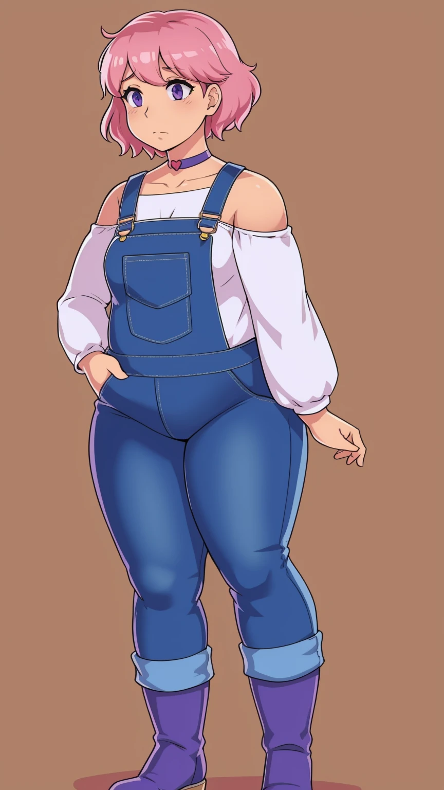 Slightly chubby, sad, farm backround, Full body, looking at viewer, 1girl, solo, short pink hair, (dark blue choker), (dark blue denim overalls), (purple eyes), (pink boots), (white shoulder lantern sleeve blouse, tucked in pants