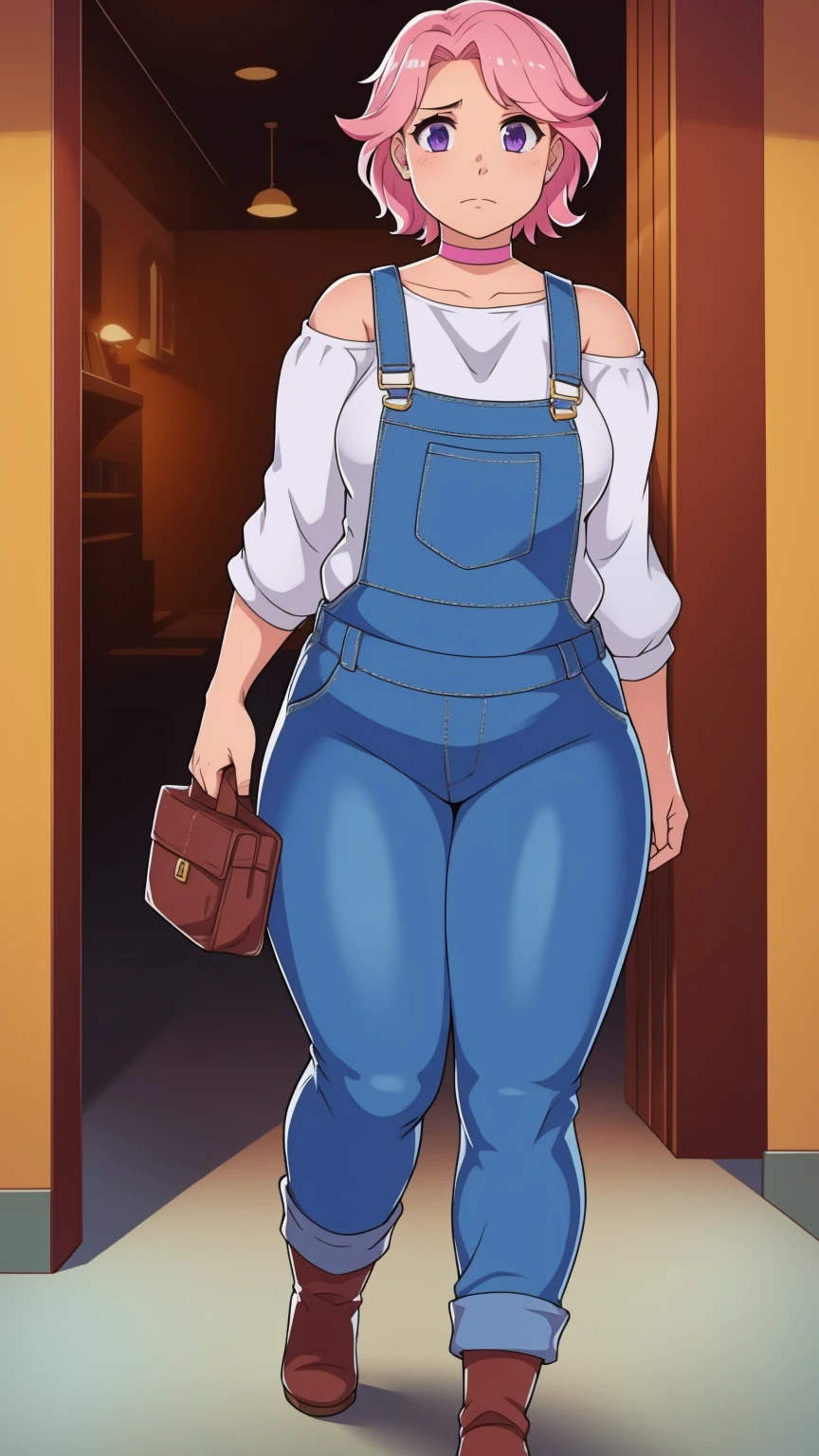 Slightly chubby, sad, farm backround, Full body, looking at viewer, 1girl, solo, short pink hair, (dark blue choker), (dark blue denim overalls), (purple eyes), (pink boots), (white shoulder lantern sleeve blouse, tucked in pants