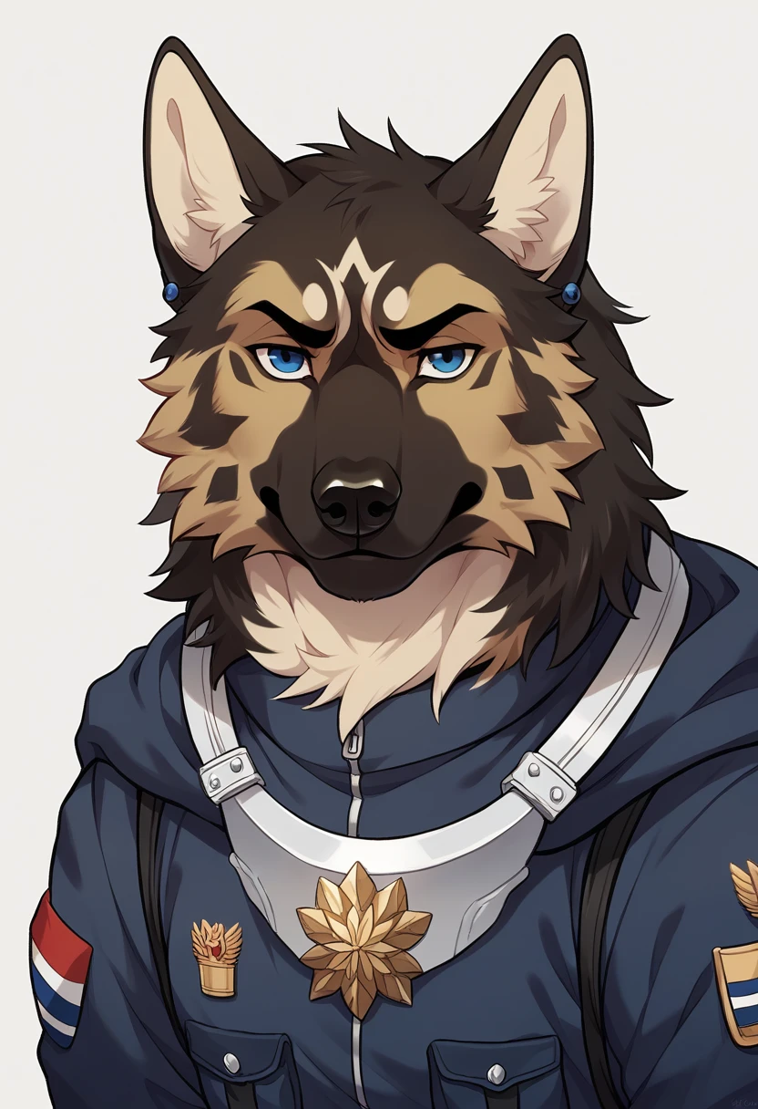 ((best quality, masterpiece, 1 male, Handsome, male, 成人 male, German Shepherd, Broad shoulders，Uniforms, Outer suit, Show the whole character，the strong，