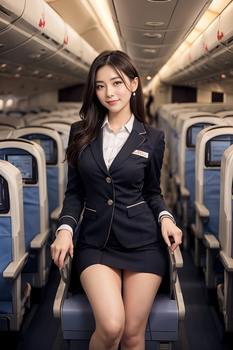 Spread your legs、1 Female, 19 years、hyperdetaileded face、detailedな唇、A detaileded eye、double eyelid、Brunette Bob Hair、She smiles as she walks slowly down the aisle.、(Stewardess Uniform:1.2)、(Glamorous Body)、(Huge boobs)、Perfect hands, Perfect Fingers, Thighs Thighs Thighs Thighs, Exactly, Perfect body, Perfect Face, Perfect Image Realism, background: (Business class aisle on airplane:1.2), Cowboy Shot, 綿密なbackground, detaileded costume, Perfect lighting、Hyperrealism、(Photorealistic:1.4)、Maximum resolution 8K, (masterpiece), ighly detaileded, Professional, Perfect body, whole bodyキャプチャ, whole body, Legs wide open, Leg spread, Black pubic hair, Look into the camera, detaileds eyes, Beautiful Eyes, Cleavage, detailed, The body is slim
